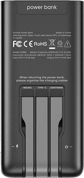 De achterkant van een ChargePod-powerbank met drie ingebouwde kabels naast elkaar, gemerkt Micro, Type-C en Lightning.