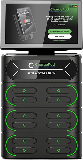 Een ChargePod-station recht van voren, met scherm en lades met powerbanks.