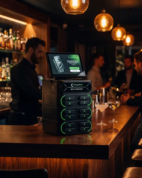 Een ChargePod-station op de toog van een cocktailbar, naast twee cocktails; de barman en gasten onscherp op de achtergrond.