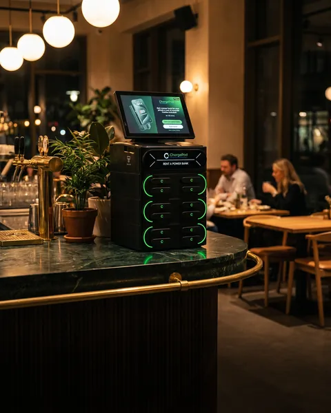 Een ChargePod-station op de toog van een café-restaurant, gasten onscherp aan tafel op de achtergrond.