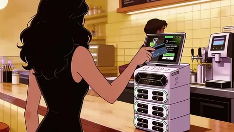 Aan de toog van een café houdt een vrouw haar bankkaart tegen het touchscreen van een ChargePod-station.