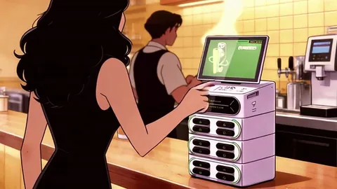 Een vrouw neemt een powerbank uit een vak van het ChargePod-station op de toog; het scherm toont dat de powerbank vrijkomt.